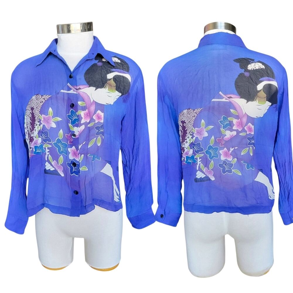 Chico’s Silk Sheer Blouse Geisha Button Up Long Sleeve Size 0 Small